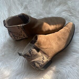 Munro tan and snakeskin booties